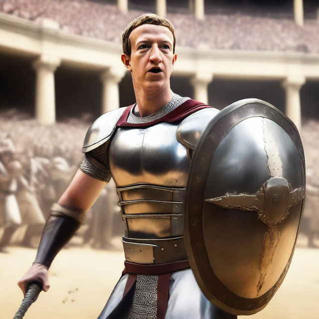 Mark Zuckerberg as a fierce and composed gladiator, right in the heart of a bustling arena, poised for battle with a gladius sword and a metallic shield with crowd cheering in the background