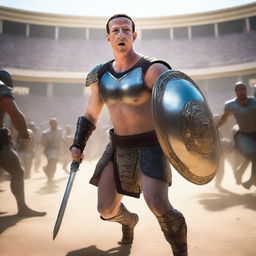 Mark Zuckerberg as a fierce and composed gladiator, right in the heart of a bustling arena, poised for battle with a gladius sword and a metallic shield with crowd cheering in the background