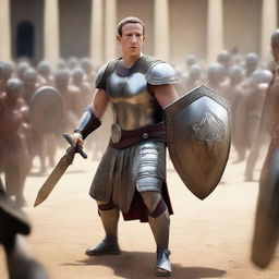 Mark Zuckerberg as a fierce and composed gladiator, right in the heart of a bustling arena, poised for battle with a gladius sword and a metallic shield with crowd cheering in the background