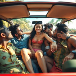 A lively and colorful scene featuring a cute 18-year-old Indian girl with long legs, inside a convertible car during an exciting road trip in Goa