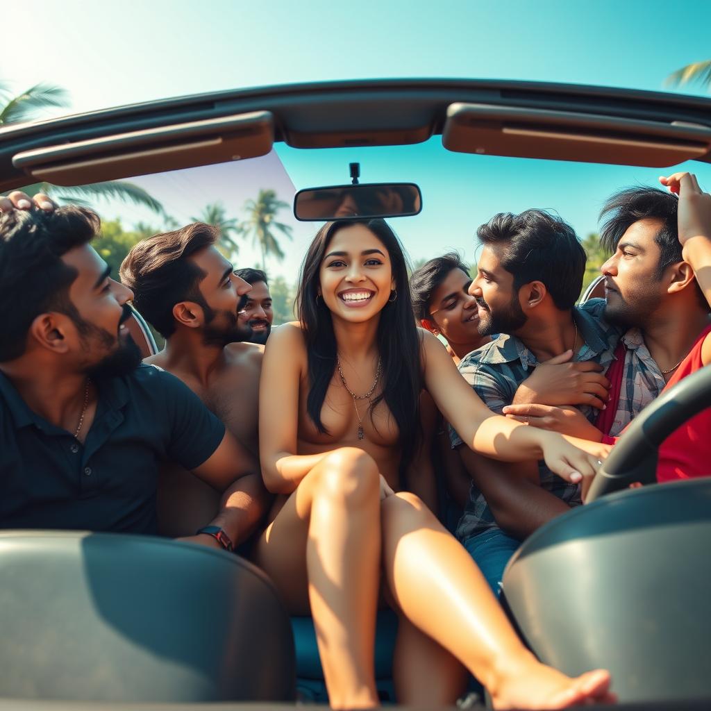 A lively and colorful scene featuring a cute 18-year-old Indian girl with long legs, inside a convertible car during an exciting road trip in Goa