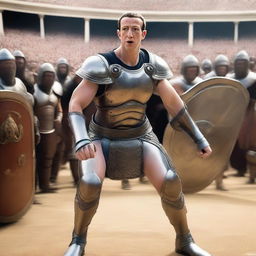 Mark Zuckerberg as a fierce and composed gladiator, right in the heart of a bustling arena, poised for battle with a gladius sword and a metallic shield with crowd cheering in the background