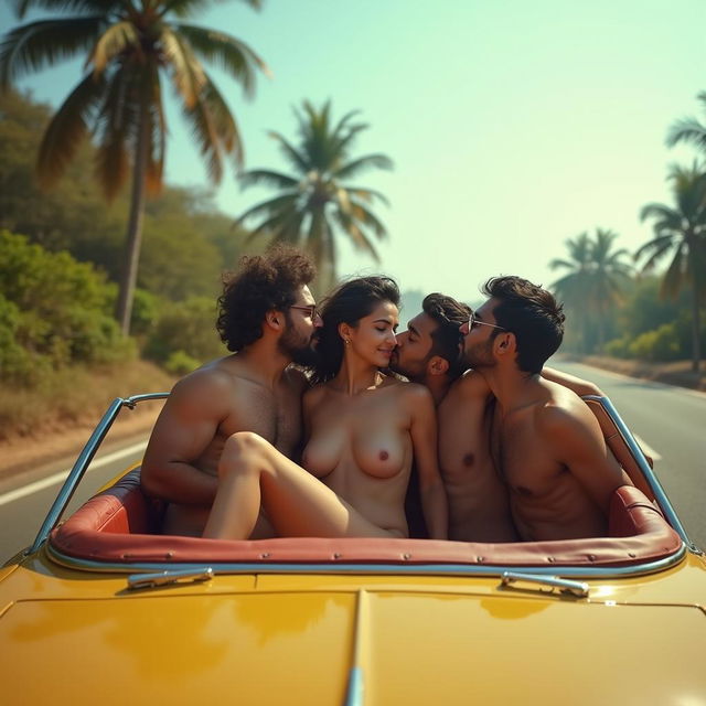 A vibrant scene featuring a cute 18-year-old Indian girl with long legs, fully naked, inside a convertible car cruising along a scenic road in Goa