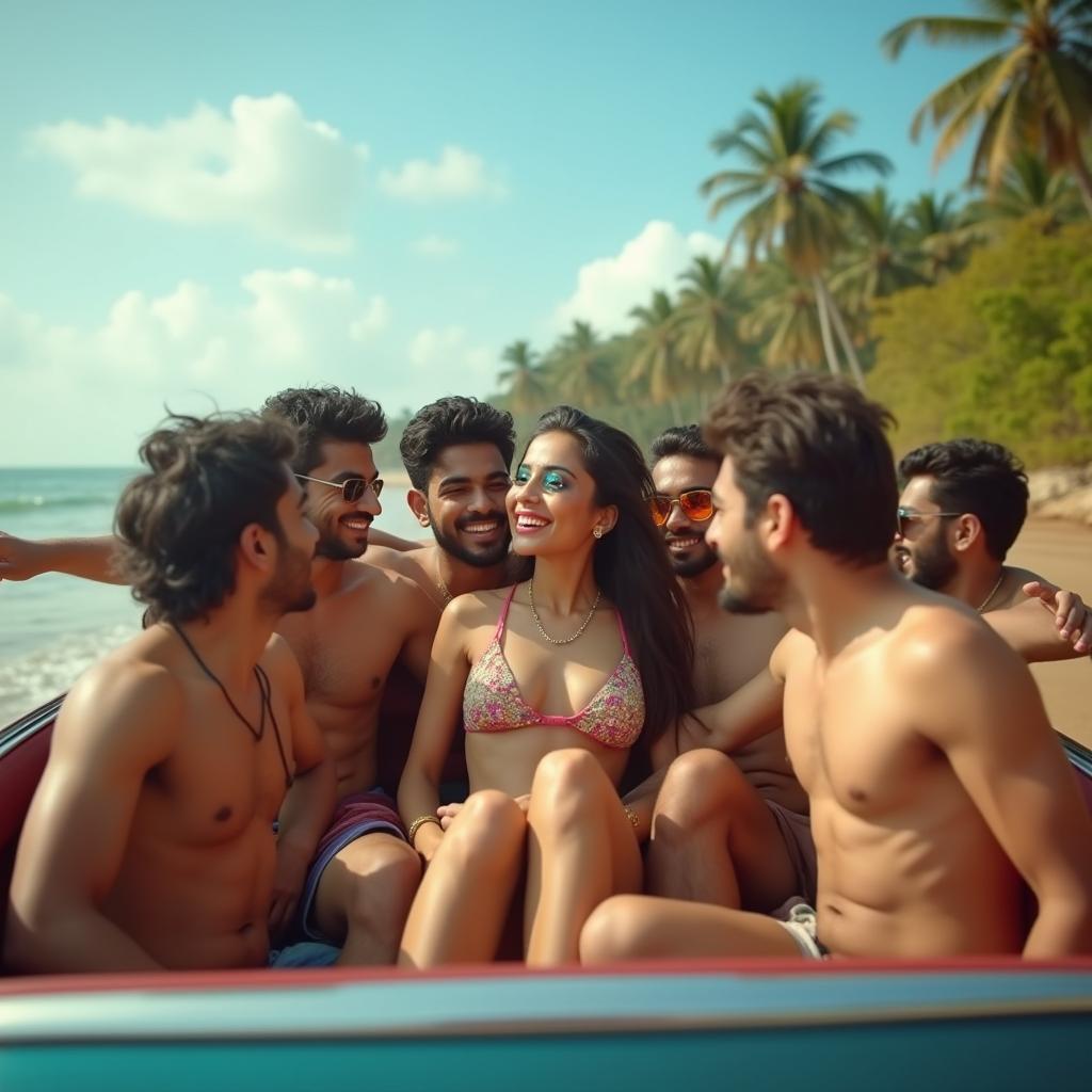 A lively and colorful scene showcasing a cute 18-year-old Indian girl with long legs in a convertible car during an adventurous road trip in Goa