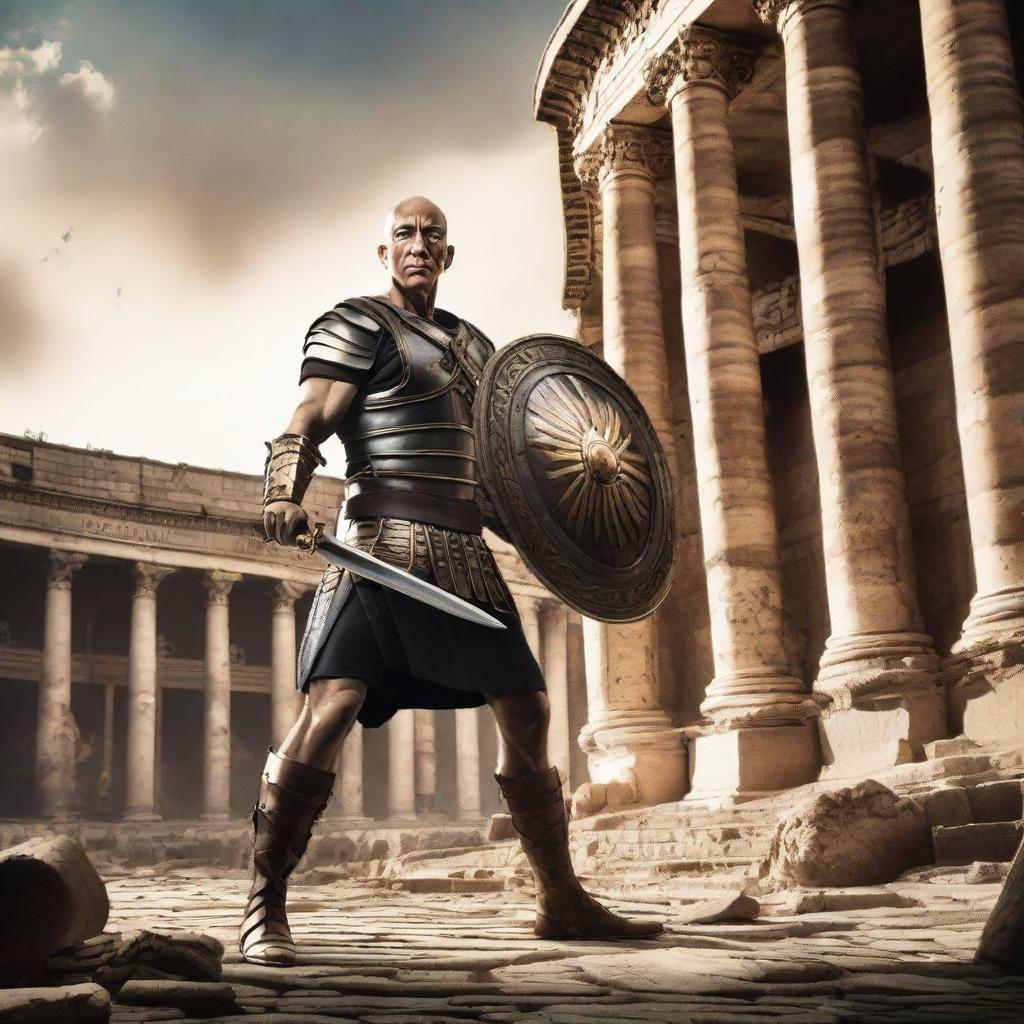 Jeff Bezos in the midst of an intense gladiatorial battle, donning an impressive Roman gladiator ensemble, armed with a sharp gladius sword and a durable shield, surrounded by a filled colosseum