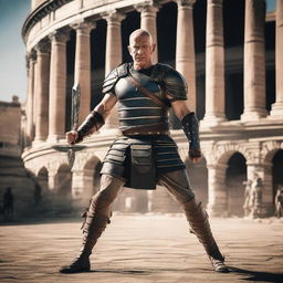 Jeff Bezos in the midst of an intense gladiatorial battle, donning an impressive Roman gladiator ensemble, armed with a sharp gladius sword and a durable shield, surrounded by a filled colosseum