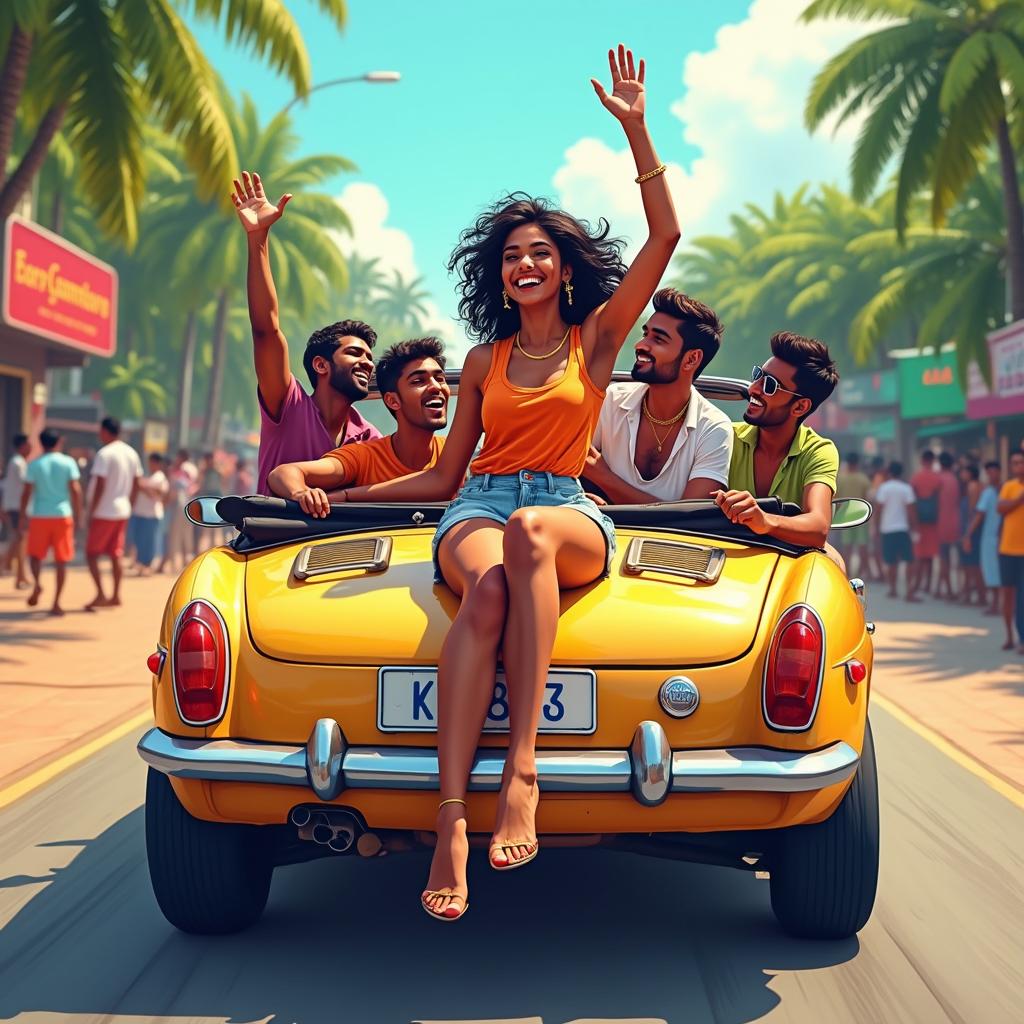 A colorful and playful depiction of a cute 18-year-old Indian girl with long legs, enjoying a carefree road trip in a convertible car on the vibrant streets of Goa