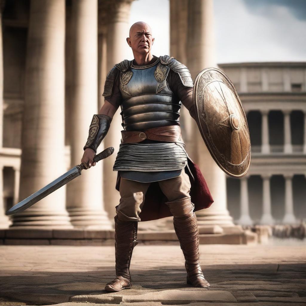 Jeff Bezos in the midst of an intense gladiatorial battle, donning an impressive Roman gladiator ensemble, armed with a sharp gladius sword and a durable shield, surrounded by a filled colosseum