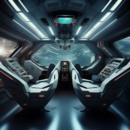 interior of front cabin of futuristic jet fighter with interceptor devices, having two seats