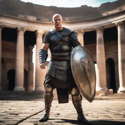 Jeff Bezos in the midst of an intense gladiatorial battle, donning an impressive Roman gladiator ensemble, armed with a sharp gladius sword and a durable shield, surrounded by a filled colosseum