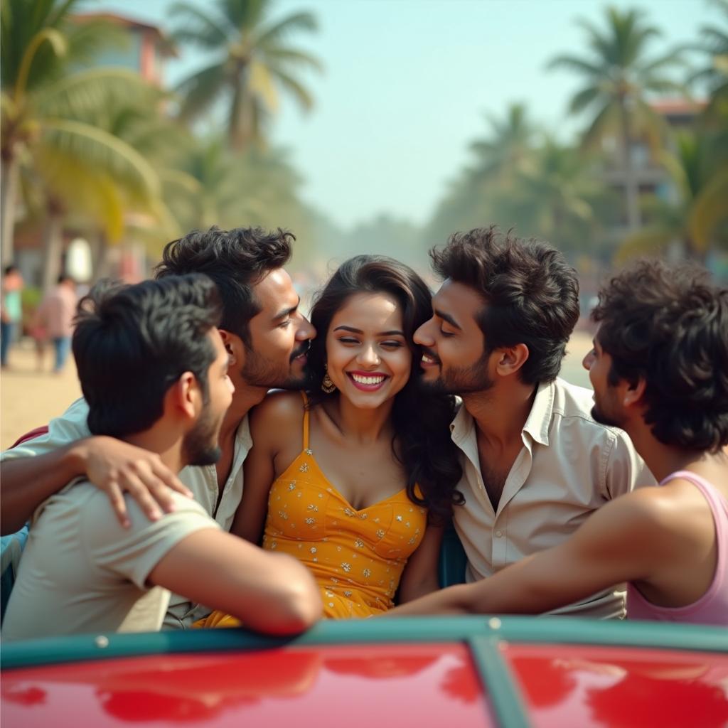 A vibrant and playful scene featuring a cute 18-year-old Indian girl with long legs inside a convertible car, embodying a carefree spirit during a road trip in Goa