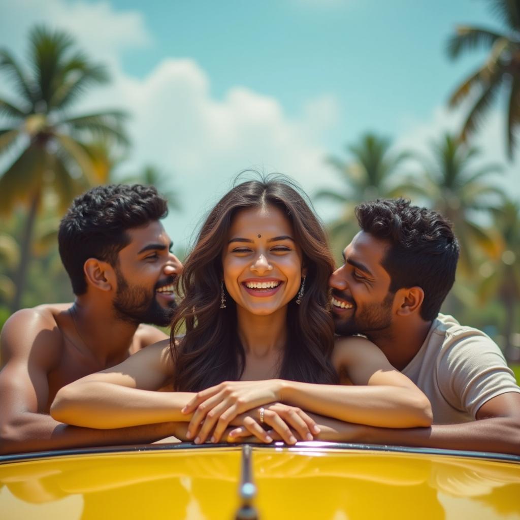 A vibrant scene showcasing a cute 18-year-old Indian girl with long legs, enjoying a sunny road trip in a convertible car in Goa