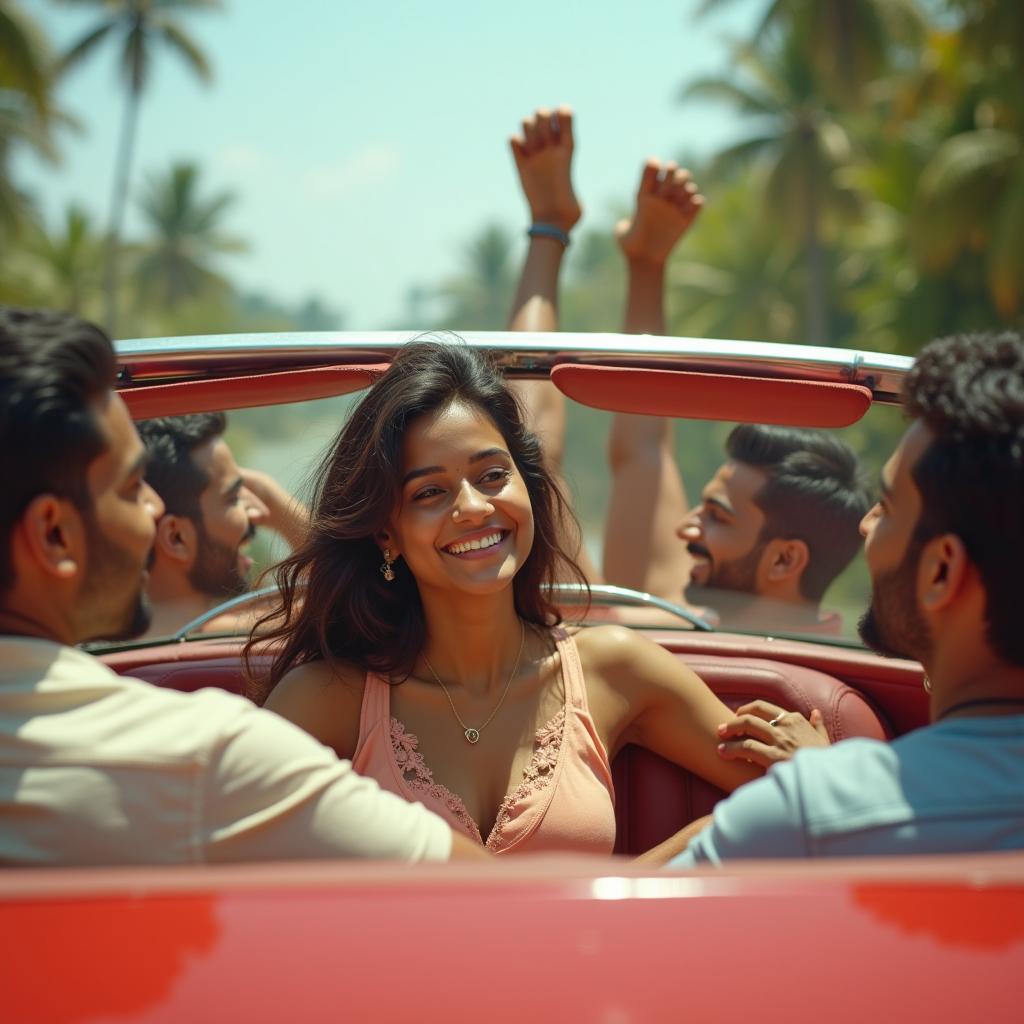 A playful and vibrant scene of a cute 18-year-old Indian girl with long legs in a convertible car, enjoying a road trip in Goa