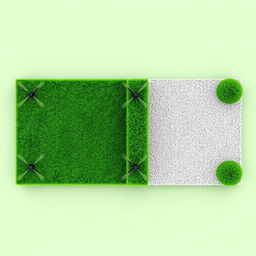 A 3D aerial view of a vibrant rectangular garden divided into two halves