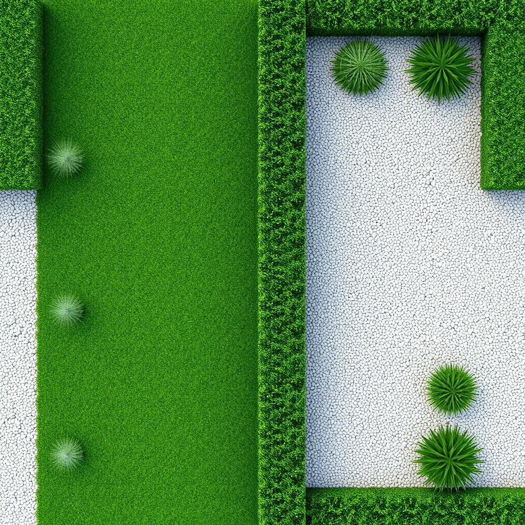 A 3D aerial view of a vibrant rectangular garden divided into two halves