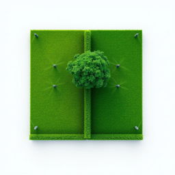 A 3D aerial view of a rectangular garden beautifully divided into two halves