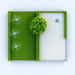 A 3D aerial view of a rectangular garden beautifully divided into two halves