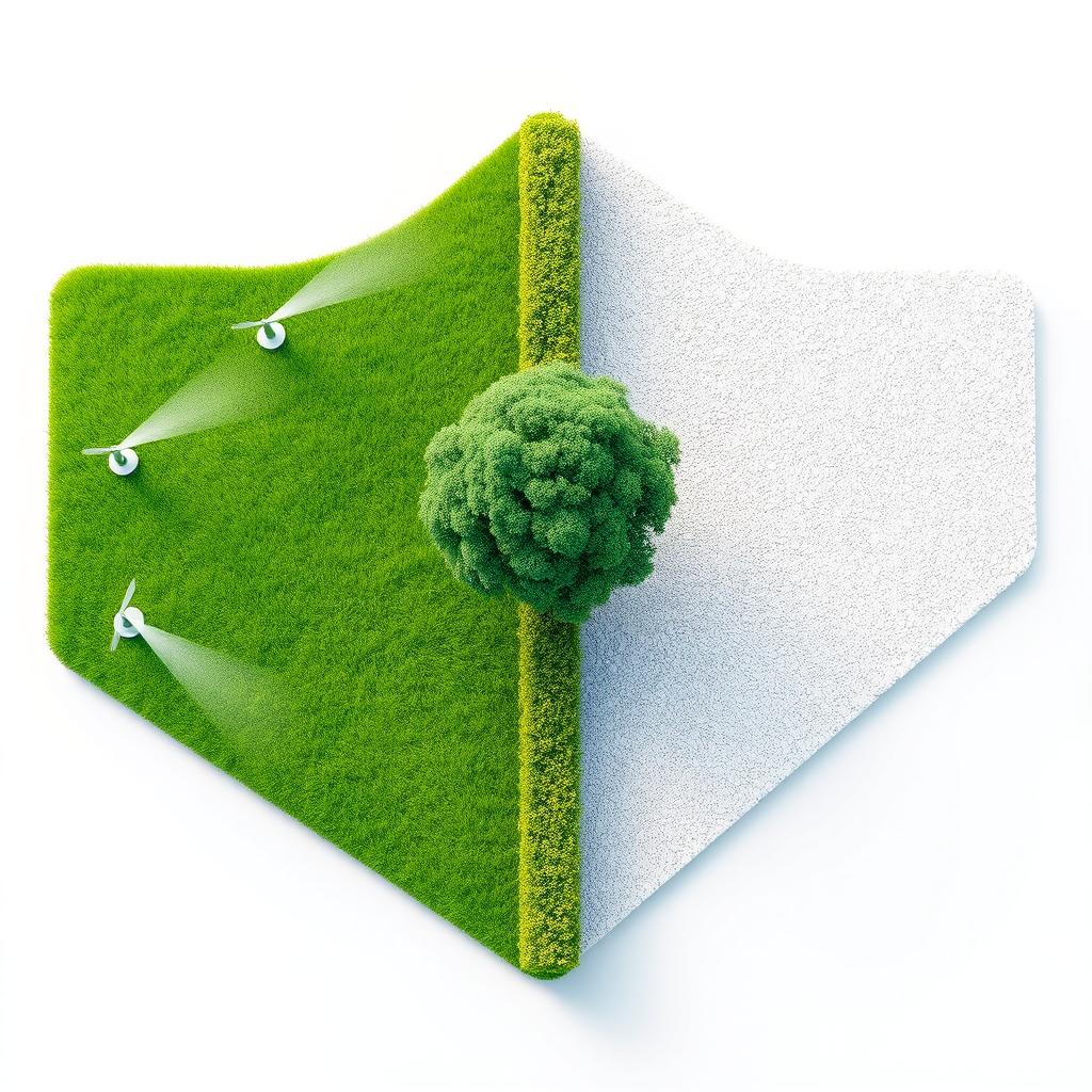 A 3D aerial view of a rectangular garden beautifully divided into two halves