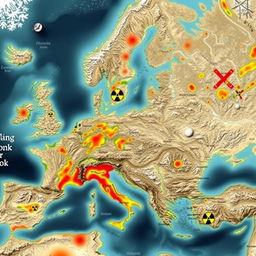 A detailed satellite map illustrating Eastern Europe after a nuclear holocaust, showcasing desolate landscapes, devastated cities, and abandoned infrastructure