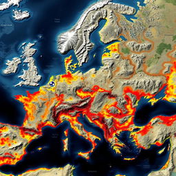 A detailed satellite map illustrating Eastern Europe after a nuclear holocaust, showcasing desolate landscapes, devastated cities, and abandoned infrastructure