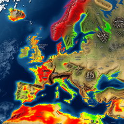 A detailed satellite map illustrating Eastern Europe after a nuclear holocaust, showcasing desolate landscapes, devastated cities, and abandoned infrastructure