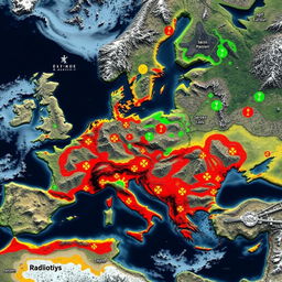 A detailed satellite map illustrating Eastern Europe after a nuclear holocaust, showcasing desolate landscapes, devastated cities, and abandoned infrastructure