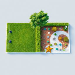 A 3D aerial view of a rectangular garden design divided into two halves