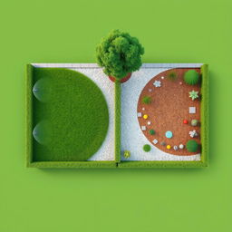 A 3D aerial view of a rectangular garden design divided into two halves