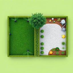 A 3D aerial view of a rectangular garden design divided into two halves