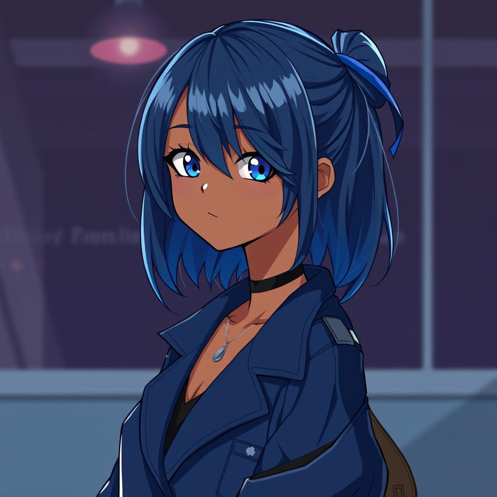 A girl with striking navy blue hair, styled in a cool, modern anime fashion