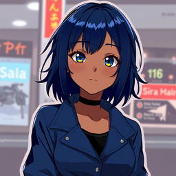 A girl with striking navy blue hair, styled in a cool, modern anime fashion