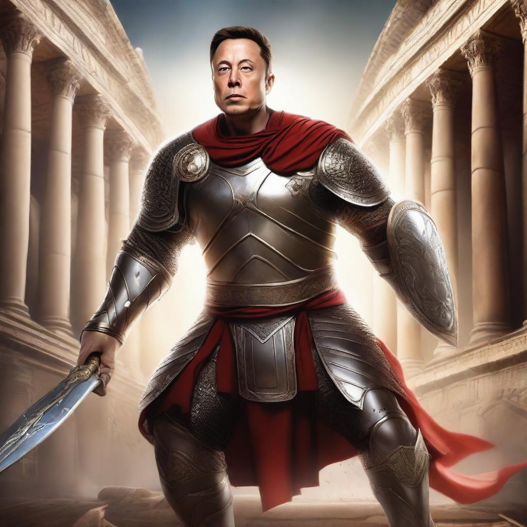 Elon Musk depicted as a valiant gladiator in action, adorned in a vibrant Roman gladiator outfit, in the midst of a fight in a full colosseum, wielding a gladius sword and a ornate shield