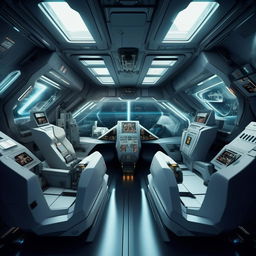 interior of front cabin of futuristic jet fighter with interceptor devices, having two seats