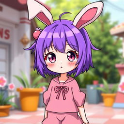 A cute anime girl with vibrant purple hair styled in a playful way, complementing her adorable bunny ears that sit atop her head