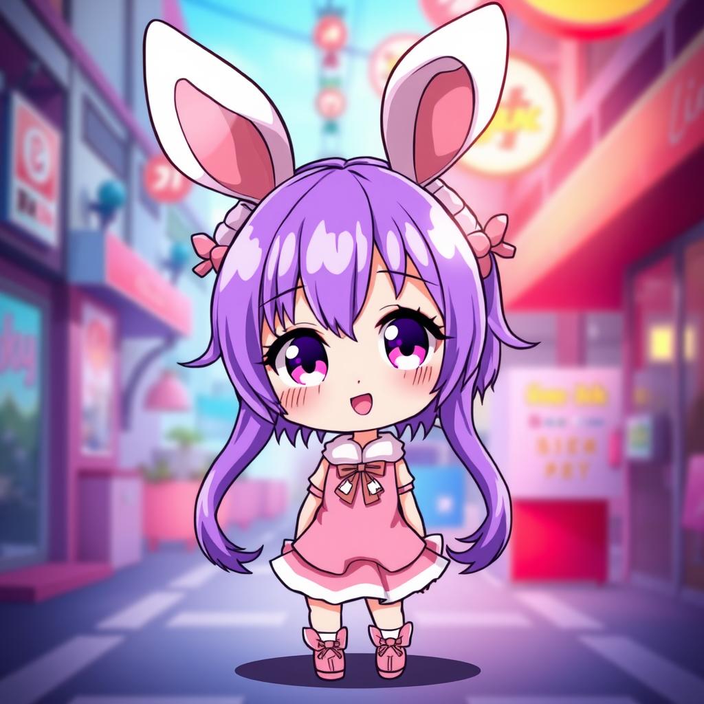 A cute anime girl with vibrant purple hair styled in a playful way, complementing her adorable bunny ears that sit atop her head