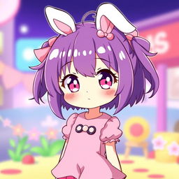 A cute anime girl with vibrant purple hair styled in a playful way, complementing her adorable bunny ears that sit atop her head