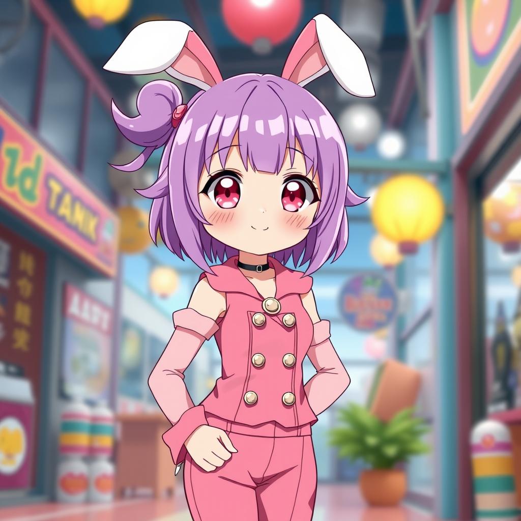 A tall, cute anime girl with vibrant purple hair styled playfully, adorned with adorable bunny ears atop her head