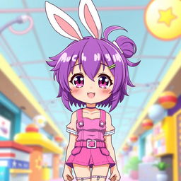 A tall, cute anime girl with vibrant purple hair styled playfully, adorned with adorable bunny ears atop her head