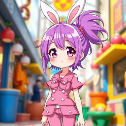 A tall, cute anime girl with vibrant purple hair styled playfully, adorned with adorable bunny ears atop her head
