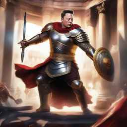 Elon Musk depicted as a valiant gladiator in action, adorned in a vibrant Roman gladiator outfit, in the midst of a fight in a full colosseum, wielding a gladius sword and a ornate shield