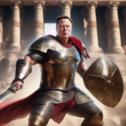 Elon Musk depicted as a valiant gladiator in action, adorned in a vibrant Roman gladiator outfit, in the midst of a fight in a full colosseum, wielding a gladius sword and a ornate shield