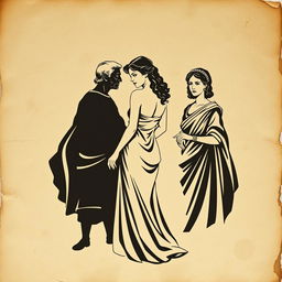 A vintage Greek-Latin theater poster set against a backdrop of crumpled, aged paper