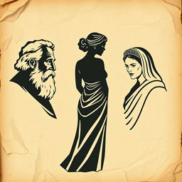 A vintage Greek-Latin theater poster set against a backdrop of crumpled, aged paper