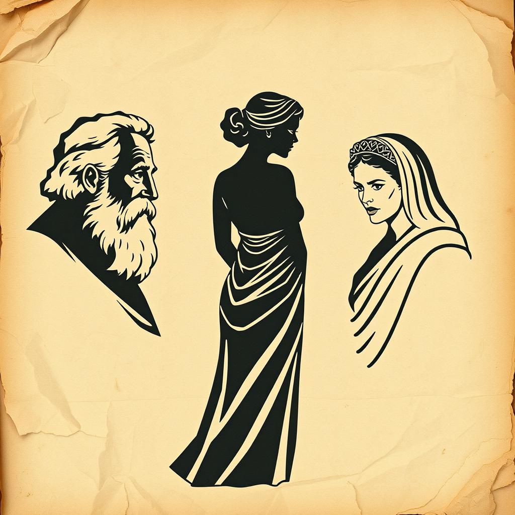 A vintage Greek-Latin theater poster set against a backdrop of crumpled, aged paper