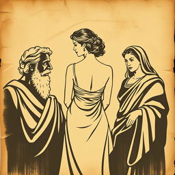 A vintage Greek-Latin theater poster set against a backdrop of crumpled, aged paper