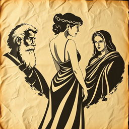 A vintage Greek-Latin theater poster set against a backdrop of crumpled, aged paper