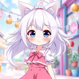 A tall, cute anime girl with flowing white hair styled in an adorable manner, topped with charming cat ears that add to her playful look