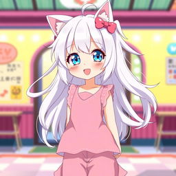 A tall, cute anime girl with flowing white hair styled in an adorable manner, topped with charming cat ears that add to her playful look