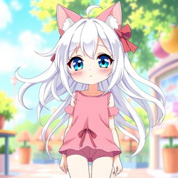A tall, cute anime girl with flowing white hair styled in an adorable manner, topped with charming cat ears that add to her playful look