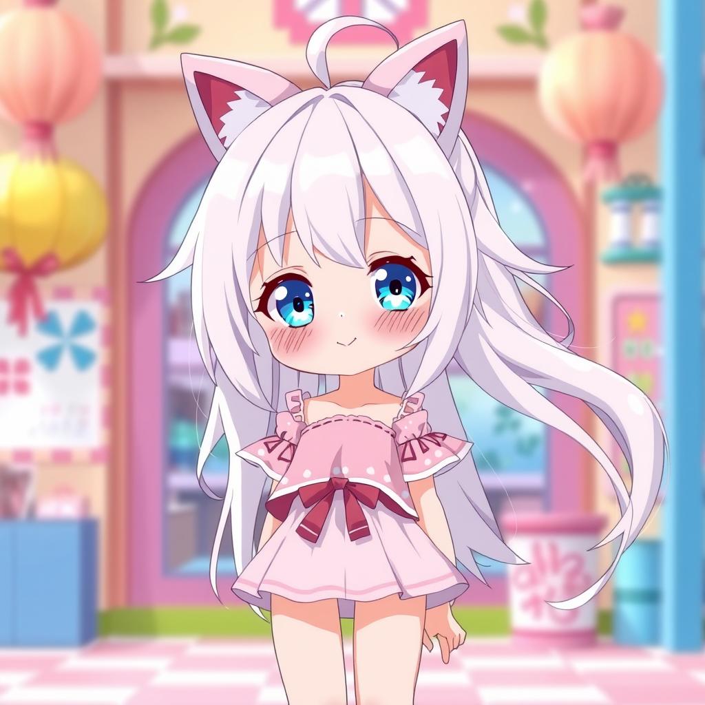 A tall, cute anime girl with flowing white hair styled in an adorable manner, topped with charming cat ears that add to her playful look